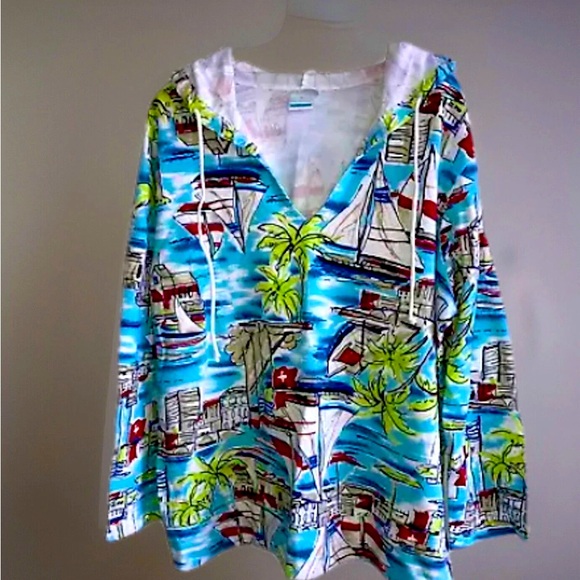On White  French Terry Hoody 1X JacketBlue Sailboats Designer - Picture 1 of 8